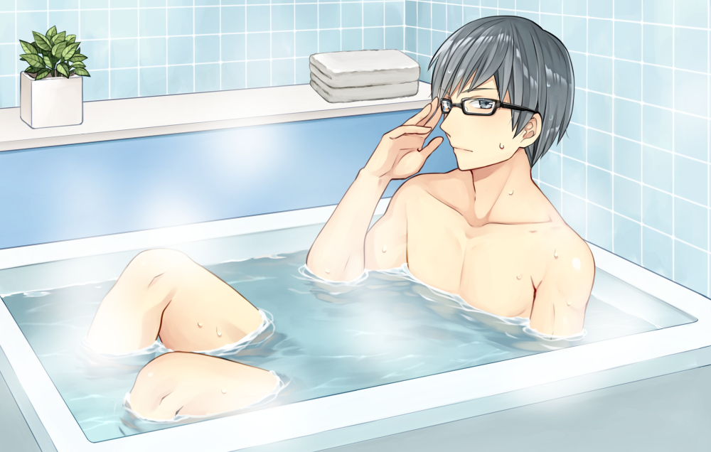adjusting_eyewear bathtub black-framed_eyewear blue_eyes blue_hair closed_mouth collarbone expressionless glasses hand_up indoors knees_up kurata_rine looking_at_viewer male_focus nokori_yu_drink nude official_art original partially_submerged plant potted_plant sitting solo steam tile_wall tiles towel water water_drop wet