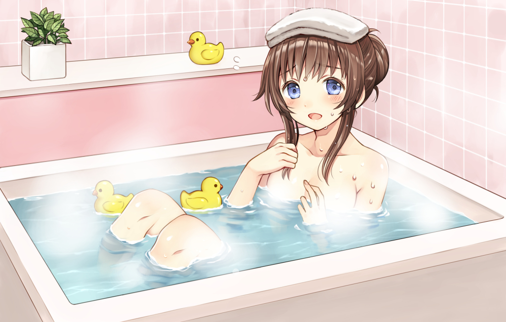 :d bangs bathing blue_eyes blush brown_hair collarbone convenient_censoring hair_bun indoors knees_up kurata_rine looking_at_viewer nokori_yu_drink nude official_art open_mouth original partially_submerged plant potted_plant rubber_duck sidelocks sitting smile solo steam steam_censor tareme tied_hair tile_wall tiles towel towel_on_head water water_drop wet wet_hair