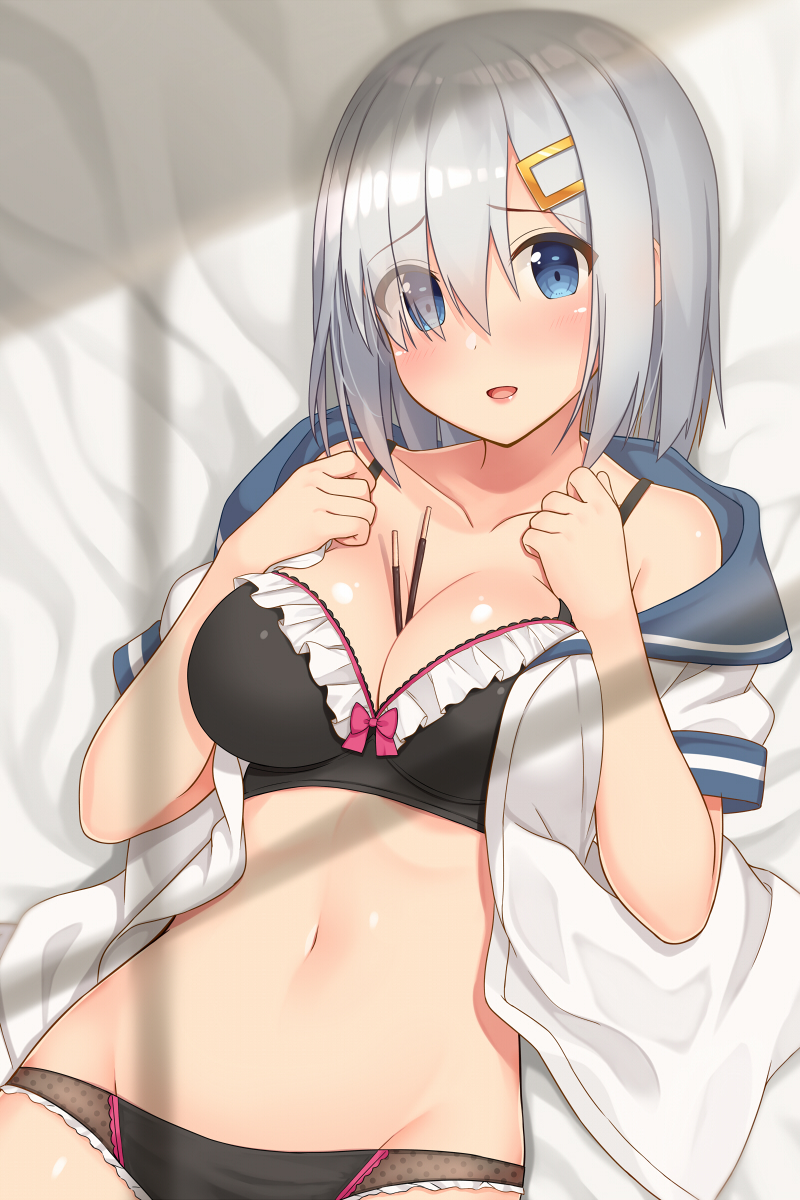 :d bare_shoulders bed_sheet black_bra black_panties blue_eyes blush bra breasts eyes_visible_through_hair food food_between_breasts frilled_bra frilled_panties frills from_above hair_ornament hair_over_one_eye hairclip hamakaze_(kantai_collection) hands_on_own_chest highres hiiragi_hajime kantai_collection lying medium_breasts navel off_shoulder on_back on_bed open_clothes open_mouth open_shirt panties pocky pocky_day shirt short_hair short_sleeves silver_hair smile solo stomach sunlight tareme underwear white_shirt