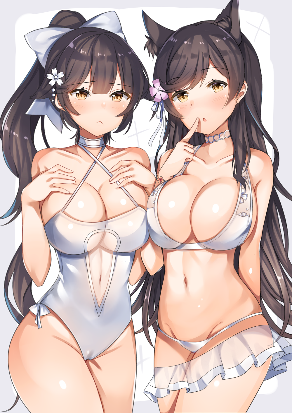 :&lt; aozora_nan arm_behind_back atago_(azur_lane) azur_lane bikini blush border bow breasts brown_eyes brown_hair casual_one-piece_swimsuit choker cleavage collarbone covered_navel criss-cross_halter eyebrows_visible_through_hair finger_to_mouth flower grey_border groin hair_bow hair_flower hair_ornament halterneck hands_on_own_chest highres index_finger_raised large_breasts long_hair looking_at_viewer multiple_girls navel one-piece_swimsuit ponytail sarong see-through shiny shiny_skin standing stomach sweat swimsuit takao_(azur_lane) tareme underboob very_long_hair white_background white_bikini white_bow white_choker white_neckwear white_swimsuit