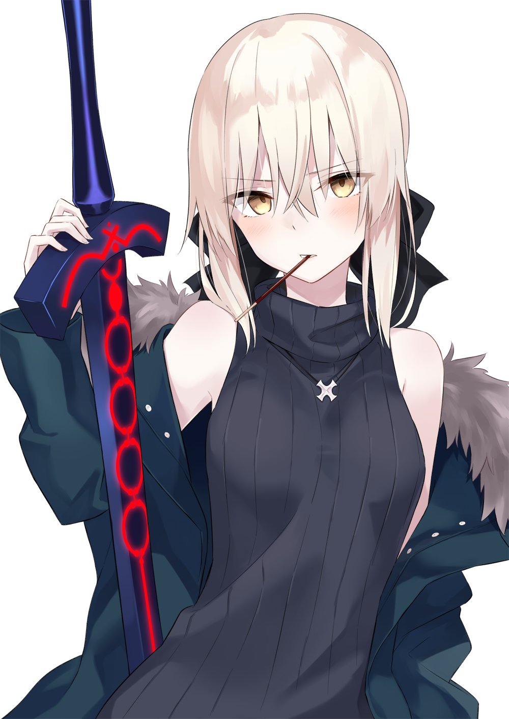 artoria_pendragon_(all) azuuru bangs bare_shoulders black_bow black_vest blue_jacket blush bow commentary_request dark_excalibur fate/stay_night fate_(series) food fur-trimmed_jacket fur_trim hair_between_eyes hair_bow highres jacket jewelry mouth_hold necklace off_shoulder open_clothes open_jacket pale_skin pocky ribbed_sweater saber_alter silver_hair simple_background sleeveless sleeveless_turtleneck solo sweater sweater_vest sword turtleneck vest weapon white_background yellow_eyes
