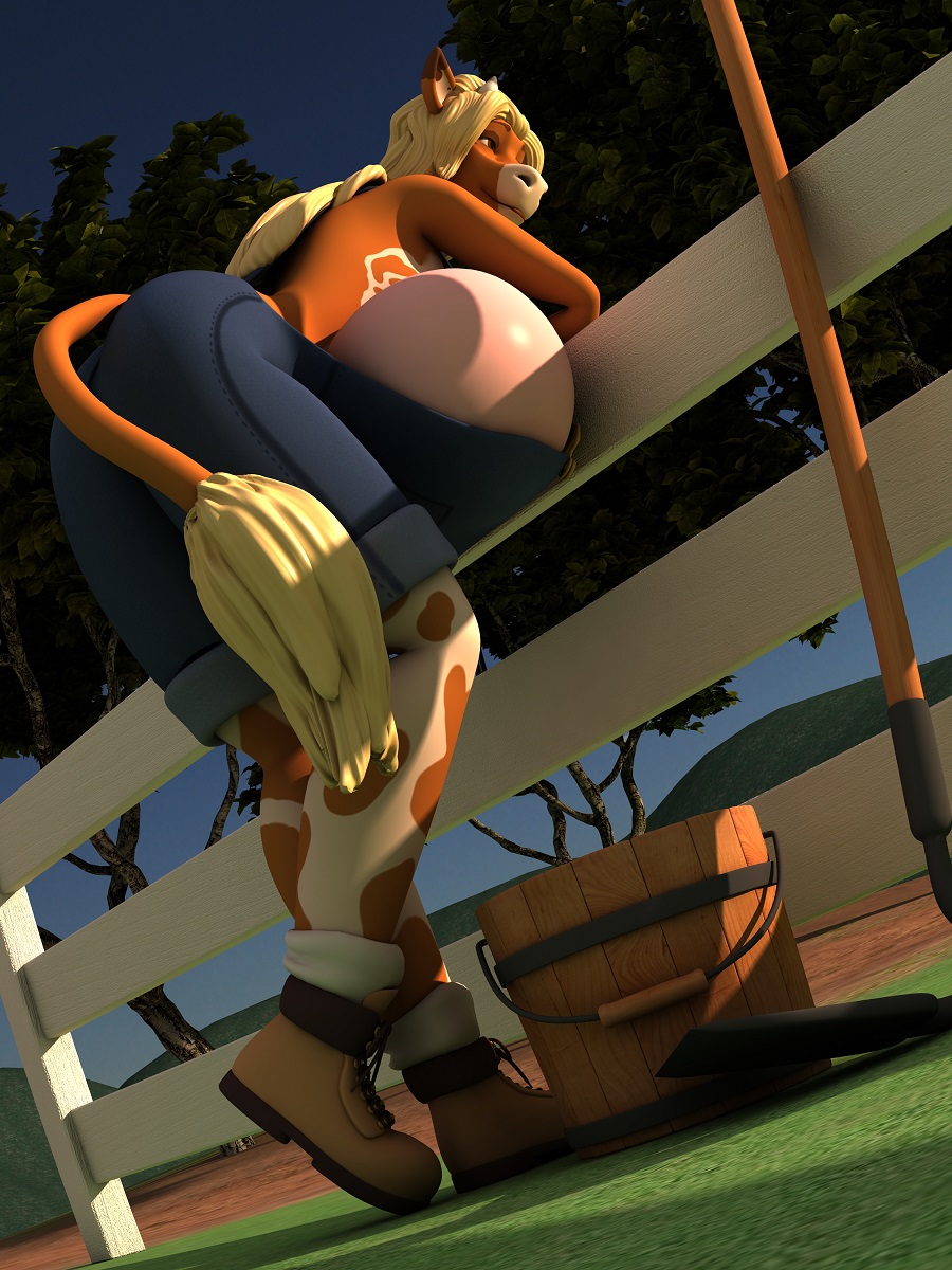 3d_(artwork) annabelle_cow anthro anthroanim big_breasts blonde_hair boots bovine breasts bucket butt cattle clothed clothing digital_media_(artwork) female fence footwear fur grass hair hi_res horn huge_breasts mammal outside sky smile solo standing tree