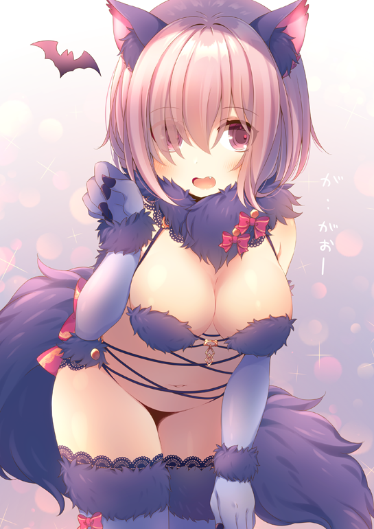 :d animal_ears anju_(mocomocousagi) bat bent_over blush breasts claw_pose cleavage dangerous_beast detached_collar elbow_gloves eyes_visible_through_hair fang fate/grand_order fate_(series) foreshortening fur-trimmed_gloves fur_collar fur_trim gloves gradient gradient_background hair_over_one_eye lace lace-trimmed_thighhighs looking_at_viewer mash_kyrielight medium_breasts navel open_mouth pink_hair purple_background purple_eyes purple_gloves purple_legwear revealing_clothes shiny shiny_hair short_hair smile solo sparkle standing stomach tareme thighhighs translated wolf_ears