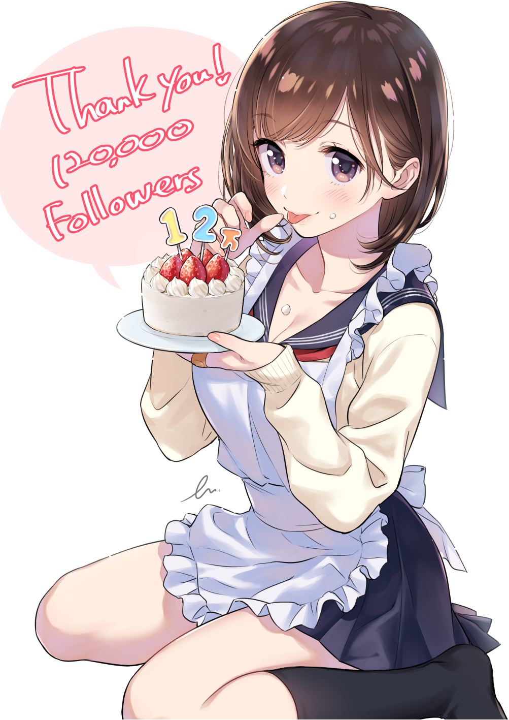 :p apron bandaid bandaid_on_finger bangs black_legwear blue_skirt blush breasts brown_hair cake closed_mouth collarbone commentary_request cream cream_on_face followers food food_on_face frilled_apron frills from_side hands_up highres kneehighs looking_at_viewer medium_breasts miniskirt morikura_en neckerchief original pleated_skirt purple_eyes red_neckwear school_uniform serafuku sidelocks sitting skirt sleeves_past_wrists smile solo sweater swept_bangs thank_you thighs tongue tongue_out uniform wariza