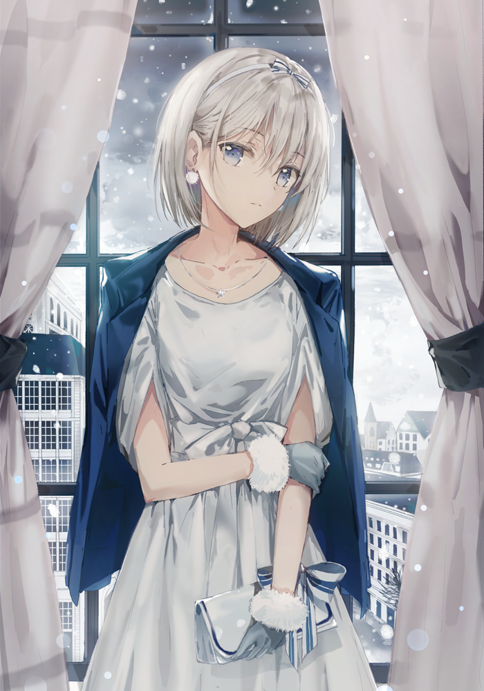 bag blue_eyes city commentary_request curtains dangmill dress earrings fur_trim gloves hairband hand_on_own_elbow handbag jacket_on_shoulders jewelry looking_at_viewer necklace necktie original revision short_hair silver_hair snow snowing solo white_dress window