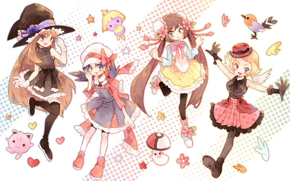 4girls :d atom_(@tom) bird black_dress black_hat black_legwear black_ribbon blue_(pokemon) breasts creature creatures_(company) crystal_(pokemon) dress fletchling flower foongus game_freak gen_1_pokemon gen_2_pokemon gen_5_pokemon gen_6_pokemon happy hat heart jigglypuff large_breasts medium_breasts multiple_girls nintendo open_mouth pantyhose pokemon pokemon_(creature) pokemon_special ribbon shoes small_breasts smile smoochum star thighhighs whi-two_(pokemon) white_hat wings witch_hat y_na_gaabena