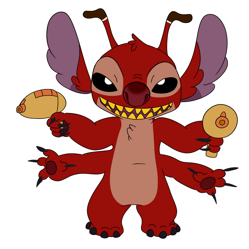 4_arms 4_fingers 4_toes alien alpha_channel annieieonhardt antennae black_claws black_eyes chest_tuft claws digital_media_(artwork) dipstick_antennae disney dual_wielding evil_grin experiment_(species) fur head_tuft holding_object holding_weapon leroy_(lilo_and_stitch) lilo_and_stitch looking_at_viewer multi_arm multi_limb plasma_rifle red_fur red_nose simple_background smile solo toes transparent_background tuft weapon yellow_teeth