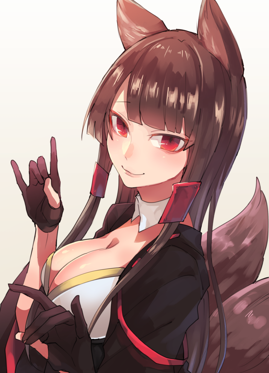 akagi_(azur_lane) animal_ears azur_lane bad_id bad_pixiv_id bangs black_gloves black_hair breasts cleavage detached_collar fox_ears fox_shadow_puppet fox_tail from_side gloves highres japanese_clothes large_breasts long_hair looking_at_viewer multiple_tails partly_fingerless_gloves red_eyes smile solo tail temoto upper_body