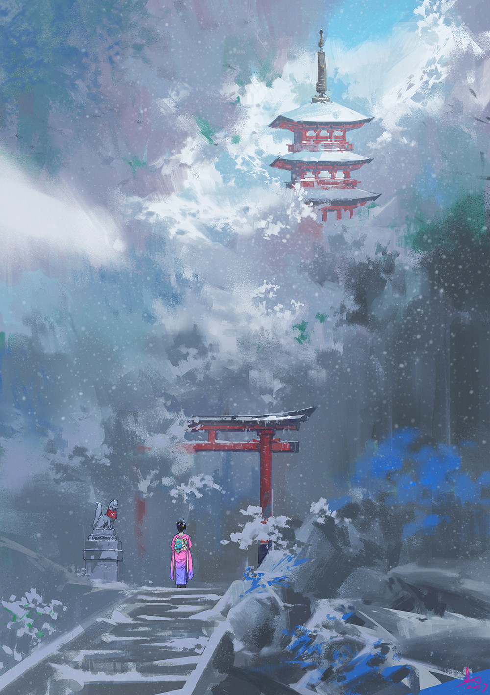black_hair facing_away from_behind highres inari japanese_clothes kimono ling_xiang original outdoors pagoda scenery shrine snow snowing solo stairs statue torii