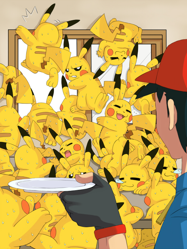 2011 3:4 3_toes 5_fingers ash_ketchum back_markings black_hair climbing clothed clothing connie_yang digital_drawing_(artwork) digital_media_(artwork) dipstick_ears fingerless_gloves frustrated fur gloves group hair hat holding_object human kick large_group mammal markings nintendo open_mouth open_smile pikachu plate pok&eacute;mon pok&eacute;mon_(species) red_cheeks smile sweat table toes video_games window yellow_fur