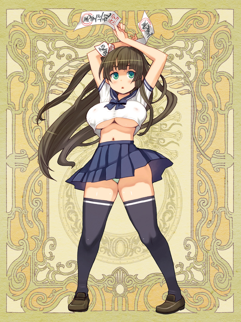 :o aqua_eyes arms_up black_legwear breasts brown_hair covered_nipples crop_top full_body holding large_breasts long_hair looking_up midriff miniskirt navel official_art panties panty_peek parted_lips pleated_skirt psychic_hearts ryoji_(nomura_ryouji) short_sleeves skirt solo talisman thighhighs underboob underwear wind wind_lift