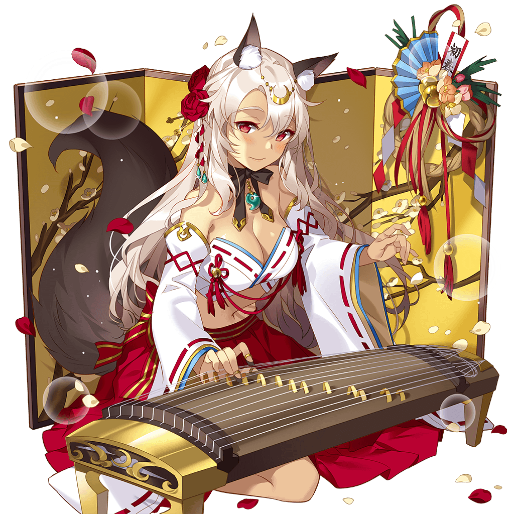 3: animal_ears artist_request bare_shoulders black_choker blush breasts character_request choker cleavage closed_mouth crescent crescent_hair_ornament dark_skin detached_sleeves eyebrows_visible_through_hair flower glint grey_hair hair_flower hair_ornament hair_stick hakama instrument japanese_clothes koto_(instrument) large_breasts long_hair magatama_necklace midriff navel petals red_eyes ribbon-trimmed_sleeves ribbon_choker ribbon_trim solo tail transparent_background uchi_no_hime-sama_ga_ichiban_kawaii wide_sleeves