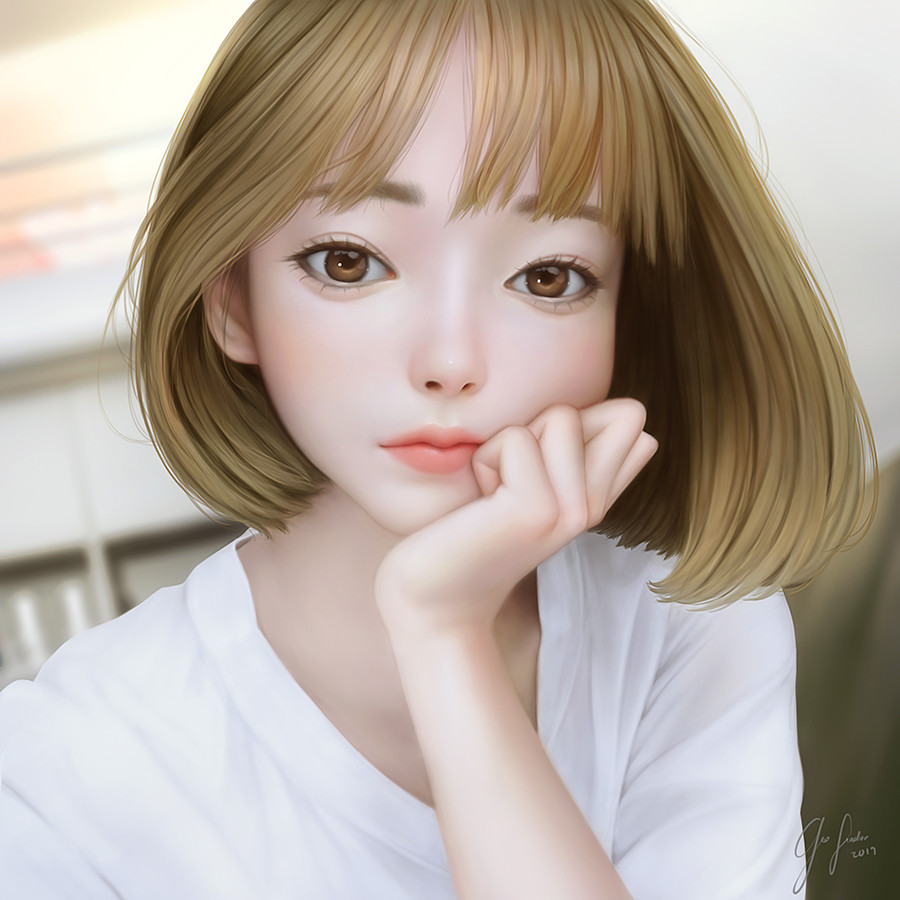artstation_sample brown_eyes chin_rest closed_mouth commentary dated geo_siador hand_on_own_chin head_rest image_sample light_brown_hair lips looking_at_viewer original photo-referenced pink_lips shirt short_hair signature solo upper_body white_shirt