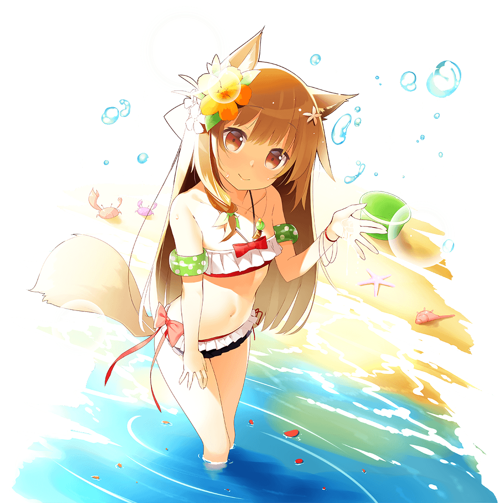 :&gt; animal_ears bandeau beach bikini brown_eyes brown_hair bucket character_request closed_mouth crab flower foreshortening from_above hair_flower hair_ornament halterneck inflatable_armbands looking_at_viewer nekomu petals sand seashell shell side-tie_bikini single_sidelock smile solo starfish swimsuit tail transparent_background uchi_no_hime-sama_ga_ichiban_kawaii wading wristband