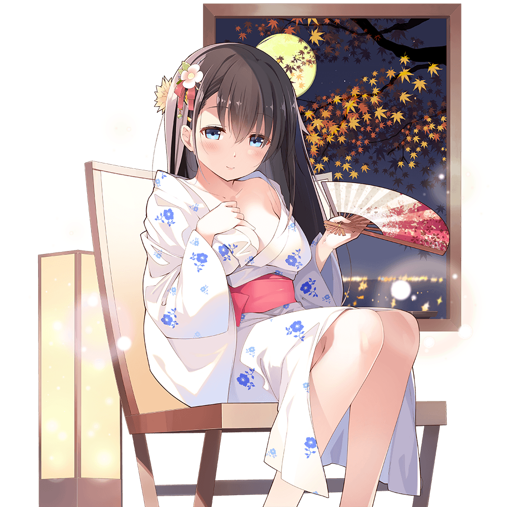 black_hair blue_eyes breasts cleavage closed_mouth emma_beauty fan floral_print flower folding_fan full_moon hair_flower hair_ornament hairclip hand_on_own_chest indoors japanese_clothes kimono large_breasts long_hair moon nekomu obi off_shoulder open_clothes open_kimono sash sitting smile solo transparent_background uchi_no_hime-sama_ga_ichiban_kawaii yukata