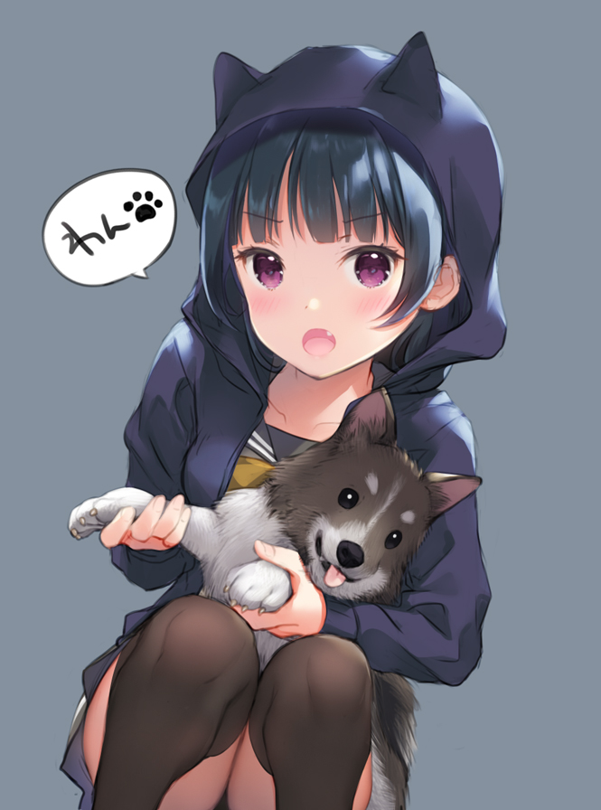 animal animal_ears anko_(love_live!_sunshine!!) black_hair black_legwear dog fake_animal_ears fang grey_background holding holding_animal hood hoodie looking_at_viewer love_live! love_live!_sunshine!! mignon open_mouth puppy purple_eyes school_uniform simple_background skirt solo squatting thighhighs tsushima_yoshiko uranohoshi_school_uniform