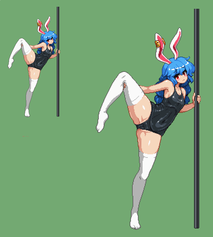 :&lt; animal_ears bangs bare_arms bare_shoulders black_swimsuit blue_hair breasts bunny_ears covered_navel ear_clip green_background holding leg_up long_hair looking_at_viewer one-piece_swimsuit pixel_art plantar_flexion pole red_eyes seiran_(touhou) simple_background small_breasts standing standing_on_one_leg swimsuit takorin thick_thighs thighhighs thighs touhou white_legwear