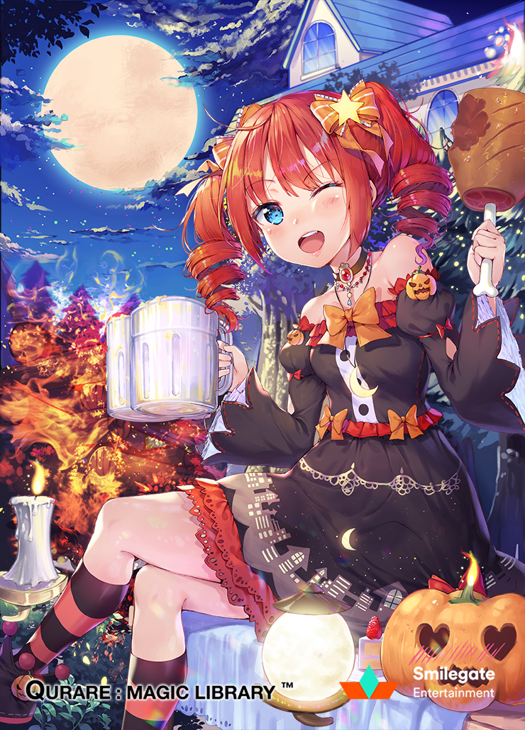 bare_shoulders beer_mug black_legwear blue_eyes blush breasts candle collarbone company_name copyright_name crossed_legs cup drill_hair eyebrows_visible_through_hair halloween heart holding holding_cup jack-o'-lantern kneehighs large_breasts looking_at_viewer moon night official_art one_eye_closed open_mouth orange_hair orange_legwear outdoors qurare_magic_library shoonia short_hair smile solo striped striped_legwear twin_drills
