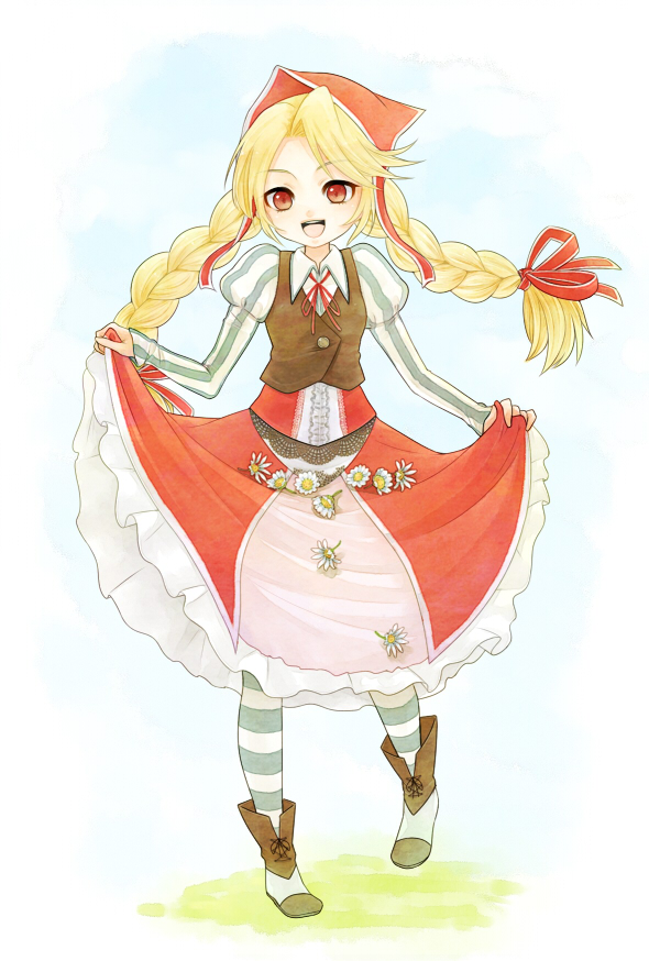 :d blonde_hair bonnet boots braid coat cordelia_(saga) dress head_scarf juliet_sleeves long_hair long_sleeves open_mouth puffy_sleeves red_eyes saga saga_frontier_2 skirt_basket sm156 smile solo striped striped_legwear thighhighs twin_braids twintails vertical_stripes