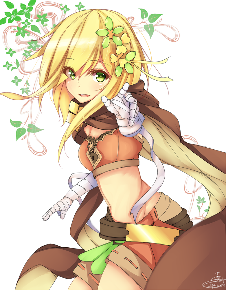 bandaged_arm bandages belt blonde_hair brown_scarf cowboy_shot crop_top flower_knight_girl green_eyes katabami_(flower_knight_girl) looking_at_viewer orange_shorts outstretched_hand scarf short_hair shorts simple_background smile solo suzume_(simple0091) white_background
