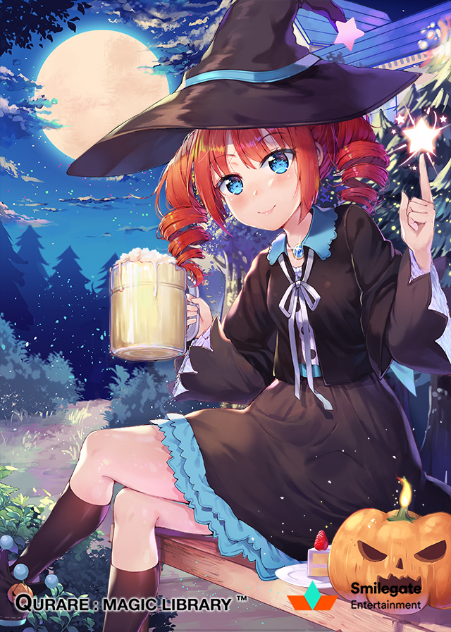 alcohol beer beer_mug bench black_hat black_legwear blue_ribbon breasts cake company_name copyright_name crossed_legs cup drill_hair food fruit halloween hat hat_ribbon holding holding_cup index_finger_raised jack-o'-lantern kneehighs long_sleeves medium_breasts official_art orange_hair plate qurare_magic_library ribbon shoonia short_hair sitting solo star strawberry twin_drills witch_hat