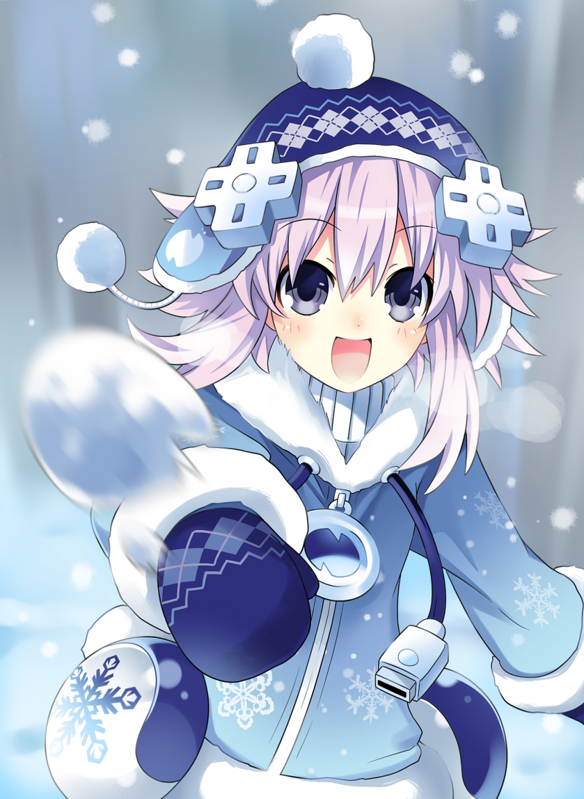 bad_id bad_pixiv_id coat d-pad d-pad_hair_ornament hair_ornament hat looking_at_viewer mittens neptune_(choujigen_game_neptune) neptune_(series) official_style open_mouth purple_eyes purple_hair scarf short_hair smile snow snowball snowing winter winter_clothes winter_coat zero_(ray_0805)