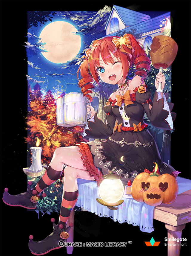 bare_shoulders beer_mug black_legwear blue_eyes blush breasts candle collarbone company_name copyright_name crossed_legs cup drill_hair eyebrows_visible_through_hair full_body halloween heart holding holding_cup jack-o'-lantern kneehighs large_breasts looking_at_viewer moon night official_art one_eye_closed open_mouth orange_hair orange_legwear outdoors qurare_magic_library shoonia short_hair smile solo striped striped_legwear twin_drills