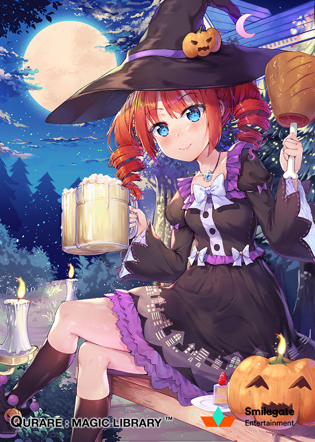 ^_^ alcohol beer beer_mug bench black_hat black_legwear breasts cake candle closed_eyes collarbone company_name copyright_name crossed_legs cup drill_hair food fruit halloween hat hat_ribbon holding holding_cup holding_food jack-o'-lantern kneehighs large_breasts long_sleeves moon night official_art orange_hair outdoors plate purple_ribbon qurare_magic_library ribbon shoonia short_hair sitting solo star strawberry twin_drills witch_hat
