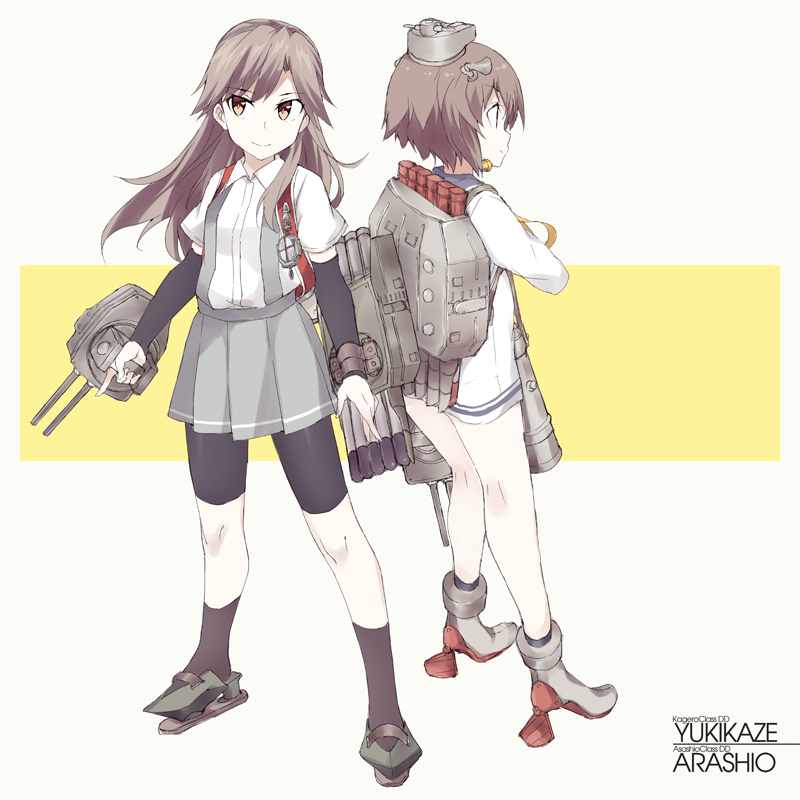 2girls adapted_turret arashio_(kantai_collection) arm_warmers back-to-back backpack bag bike_shorts black_legwear black_shorts blue_sailor_collar brown_eyes brown_hair character_name crime_prevention_buzzer dress full_body headgear headset kantai_collection kneehighs long_hair multiple_girls pleated_skirt randoseru rigging rudder_shoes sailor_collar sailor_dress school_uniform searchlight shirt short_hair short_sleeves shorts shorts_under_skirt skirt souji speaking_tube_headset standing suspender_skirt suspenders torpedo torpedo_tubes turret two-tone_background white_shirt yukikaze_(kantai_collection)