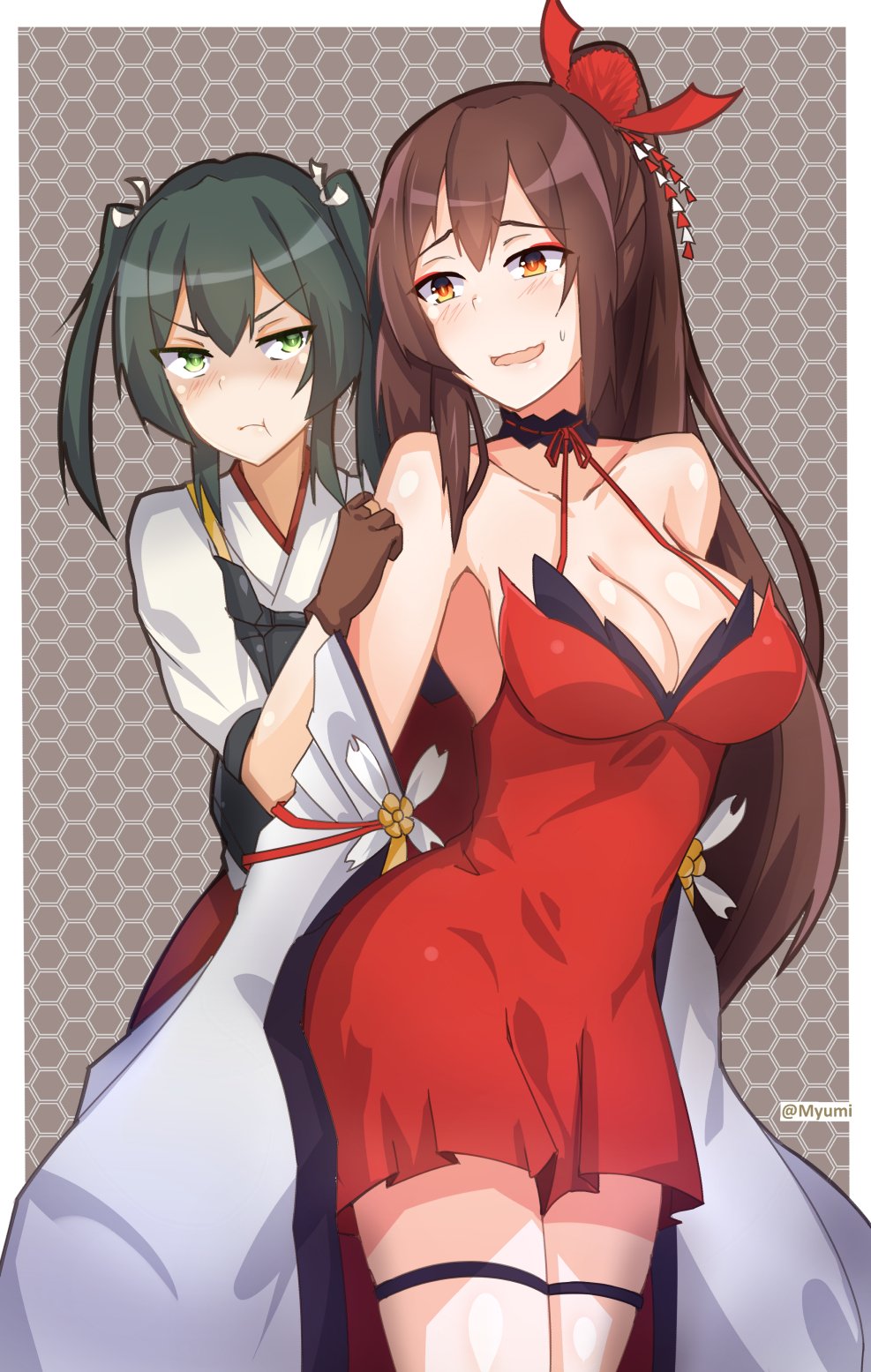 :t azur_lane bangs bare_shoulders black_choker breast_envy breasts brown_eyes brown_gloves brown_hair choker cleavage closed_mouth commentary_request cowboy_shot crossover dress frown gloves green_eyes green_hair hair_ornament halterneck highres kantai_collection large_breasts long_hair looking_at_another multiple_girls muneate myumi namesake nervous_smile parted_lips ponytail red_dress standing sweatdrop twitter_username two_side_up v-shaped_eyebrows very_long_hair zuikaku_(azur_lane) zuikaku_(kantai_collection)