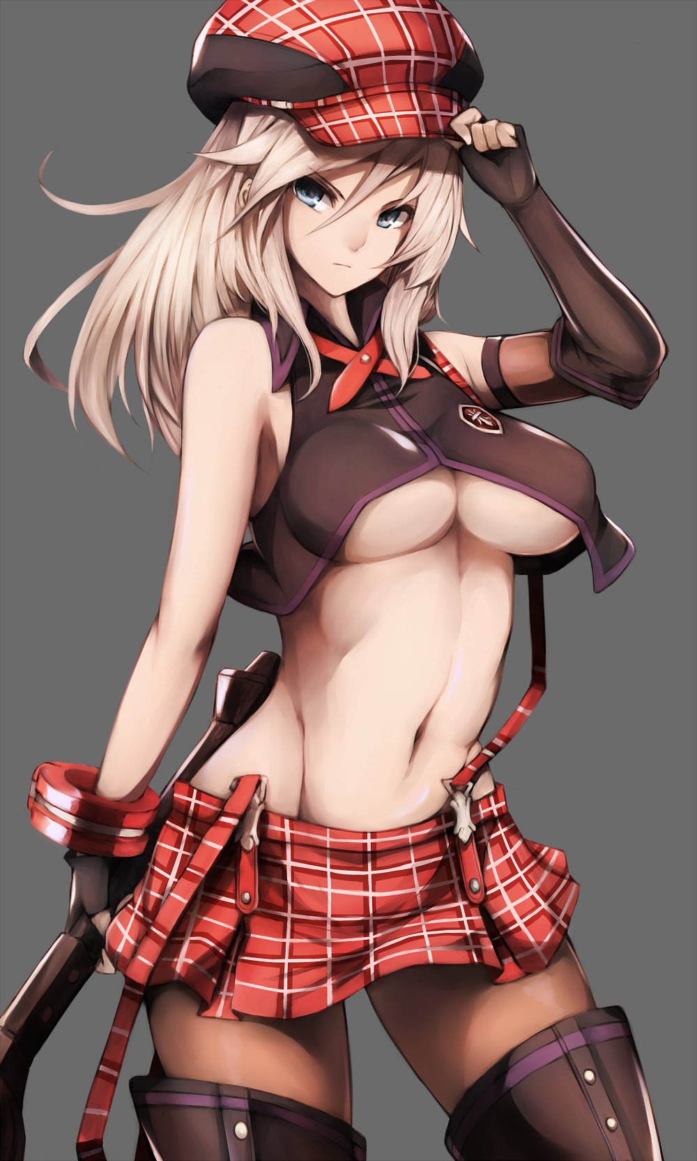 adjusting_clothes adjusting_hat alisa_ilinichina_amiella arm_up bad_id bad_pixiv_id bare_shoulders black_footwear black_gloves blonde_hair blue_eyes boots breasts brown_legwear cabbie_hat closed_mouth cowboy_shot crop_top elbow_gloves fingerless_gloves gloves god_eater grey_background hair_between_eyes hand_on_headwear hat highres holding holding_weapon inaba_sunimi long_hair looking_at_viewer medium_breasts miniskirt mismatched_gloves navel pantyhose plaid plaid_hat plaid_skirt red_hat red_skirt serious simple_background single_elbow_glove skirt sleeveless solo standing stomach suspender_skirt suspenders suspenders_slip thigh_boots thighhighs underboob weapon