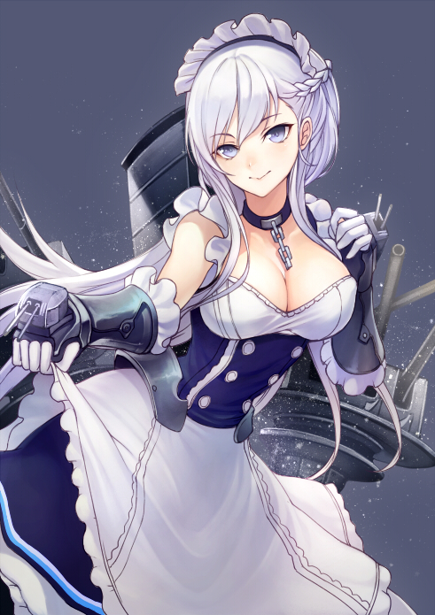 apron azur_lane bangs banned_artist belfast_(azur_lane) blue_background blue_eyes breasts chain cleavage closed_mouth collar commentary_request curtsey eyebrows_visible_through_hair frilled_apron frills gauntlets half-closed_eyes hands_up kyoeiki large_breasts long_hair looking_at_viewer maid maid_headdress silver_hair simple_background smile solo tsurime turret white_hair