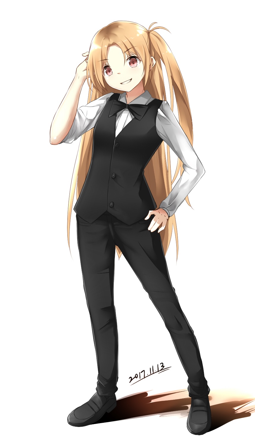 :d alternate_costume azur_lane butler cleveland_(azur_lane) commentary_request dated full_body han_(hehuihuihui) highres light_brown_hair long_hair looking_at_viewer one_side_up open_mouth pants purple_eyes shoes smile solo vest