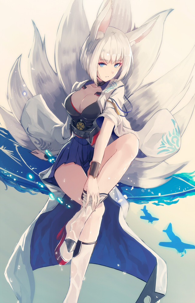 aircraft airplane animal_ears azur_lane bangs black_choker blue_eyes blue_skirt breasts choker cleavage closed_mouth collarbone commentary_request eyebrows_visible_through_hair eyeshadow flight_deck fox_ears fox_tail hakama_skirt japanese_clothes kaga_(azur_lane) kimono kitsune knee_up large_breasts looking_at_viewer makeup multiple_tails nakaichi_(ridil) obi open_clothes open_kimono pleated_skirt sash short_hair sitting skirt solo tail white_hair white_kimono white_legwear