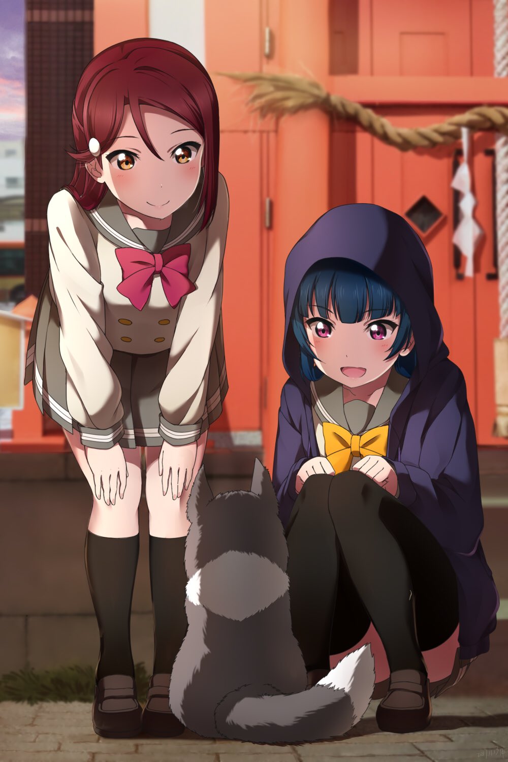 animal anko_(love_live!_sunshine!!) black_hair dog highres hood hood_up hoodie long_hair love_live! love_live!_sunshine!! multiple_girls neck_ribbon open_mouth pink_eyes purple_eyes red_hair ribbon sailor_collar sakurauchi_riko school_uniform shiimai smile squatting tsushima_yoshiko uranohoshi_school_uniform yellow_eyes