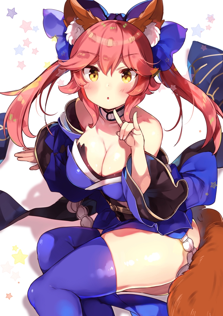 :o \m/ animal_ears arm_support bare_shoulders blue_kimono blue_legwear blush bow breast_squeeze breasts brown_hair choker cleavage collarbone commentary eyebrows_visible_through_hair fate/extra fate/grand_order fate_(series) feet_out_of_frame floating_hair fox_ears fox_tail from_above hair_bow huge_breasts japanese_clothes kibii_mocha kimono large_bow layered_clothing layered_sleeves leaning_to_the_side long_hair looking_at_viewer multicolored_hair obi pink_hair print_obi ribbon sash shadow short_kimono sitting skindentation solo star starry_background strapless tail tamamo_(fate)_(all) tamamo_no_mae_(fate) tassel thighhighs thighs tsurime two-tone_hair white_choker wide_sleeves yellow_eyes yokozuwari