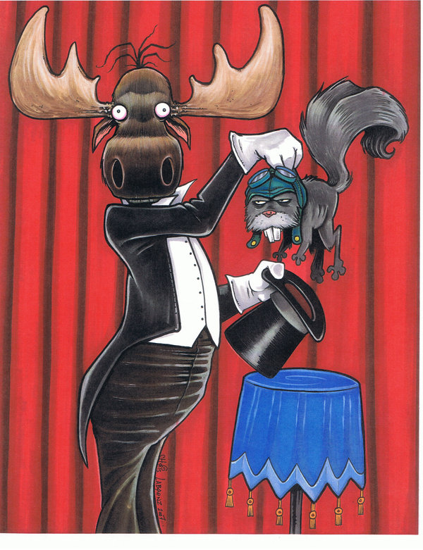 2008 3_fingers 3_toes annoyed anthro antlers aviator_cap biped black_eyes brown_fur brown_horn buckteeth bullwinkle_j_moose carrying cervine cheek_tuft clothed clothing curtains derp_eyes digitigrade duo frown fur gloves grey_fur half-closed_eyes hat holding_hat holding_object horn humanoid_hands jay_ward_productions labrenzink larger_male looking_at_viewer magician male mammal moose mostly_nude naked_hat pink_nose rocket_j_squirrel rocky_and_bullwinkle rodent size_difference small_pupils smaller_male squirrel stage standing table teeth toes top_hat traditional_media_(artwork) tuft tuxedo wide_eyed