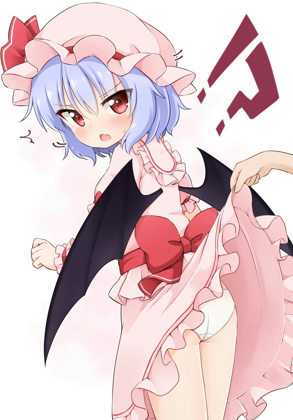 1girl :o ass bangs bat_wings blue_hair blush commentary_request eyebrows_visible_through_hair fang flat_ass frilled_sleeves frills from_side hair_between_eyes hat hat_ribbon highres legs_together lifted_by_another looking_at_viewer looking_to_the_side medium_hair medium_skirt mob_cap motion_lines open_mouth panties pink_hat pink_shirt pink_skirt puffy_short_sleeves puffy_sleeves red_eyes red_ribbon remilia_scarlet ribbon sash shiny shiny_hair shirt short_sleeves skirt skirt_lift skirt_set solo_focus standing surprised suwa_yasai sweatdrop touhou tsurime underwear v-shaped_eyebrows white_background white_panties wings wrist_cuffs