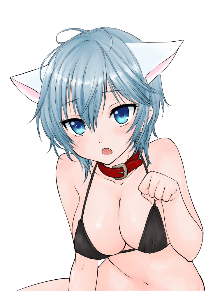 anastasia_(idolmaster) animal_ears antenna_hair bangs bare_arms bare_shoulders bikini bikini_top black_bikini_top blue_eyes blue_hair blush breasts cat_ears cleavage collar collarbone commentary_request dog_collar earrings extra_ears eyebrows_visible_through_hair eyelashes fangs hair_between_eyes hand_up idolmaster idolmaster_cinderella_girls jewelry kemonomimi_mode large_breasts navel open_mouth ozaki_mirai paw_pose red_collar shiny shiny_skin short_hair silver_hair simple_background solo stomach strap_gap stud_earrings swimsuit upper_body white_background