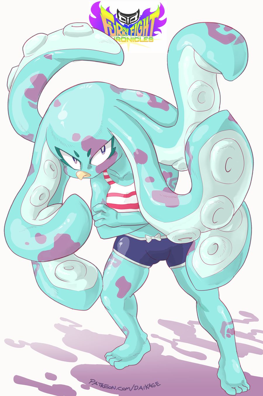 blue_skin cephalopod clothing daigaijin female furryfight_chronicles looking_at_viewer marine multi_arm multi_limb octopus shirt shorts tank_top tentacles