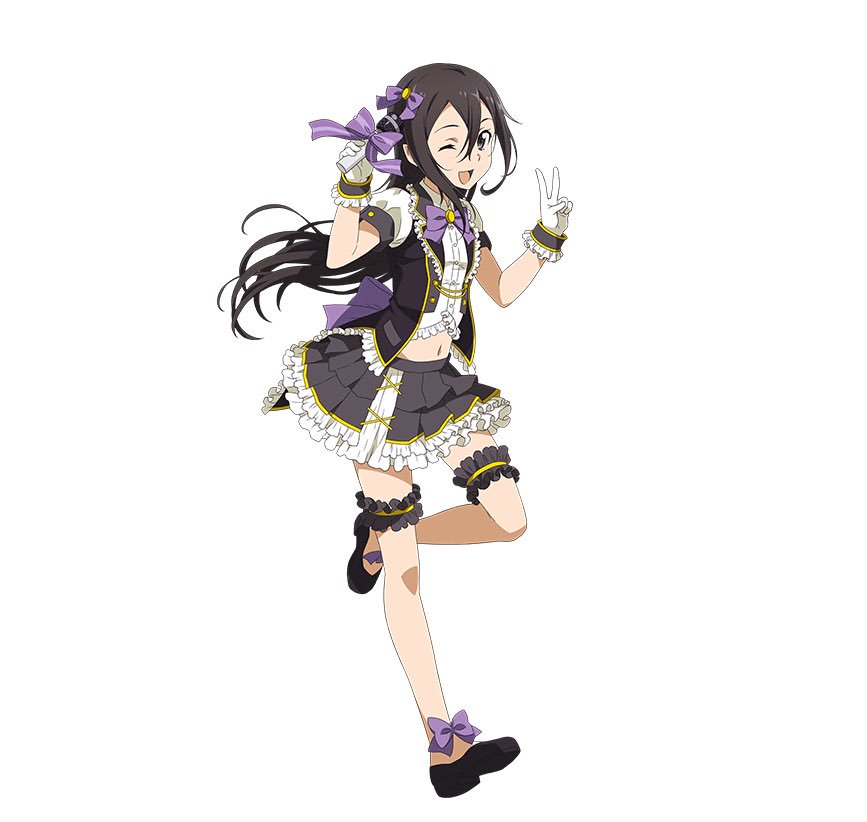 ;d androgynous ankle_bow ankle_ribbon black_eyes black_footwear black_hair bow bowtie crossdressing floating_hair frilled_gloves frills full_body gloves hair_between_eyes hair_bow holding holding_microphone idol kirito kirito_(sao-ggo) layered_skirt leg_up long_hair looking_at_viewer male_focus microphone midriff miniskirt navel official_art one_eye_closed open_mouth otoko_no_ko purple_bow purple_neckwear ribbon short_sleeves simple_background skirt smile solo standing standing_on_one_leg stomach sword_art_online sword_art_online:_code_register thigh_strap v very_long_hair white_background white_gloves