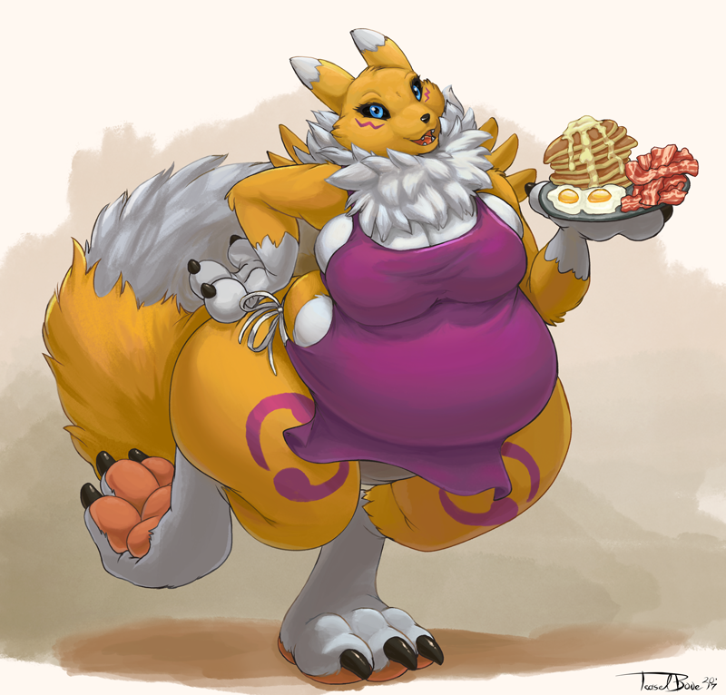 2017 anthro apron bacon black_nose black_sclera blue_eyes breakfast canine claws clothing digimon dipstick_ears dipstick_tail egg facial_markings female food looking_at_viewer mammal markings multicolored_tail on_one_leg open_mouth overweight overweight_female pancake renamon solo standing teaselbone toe_claws
