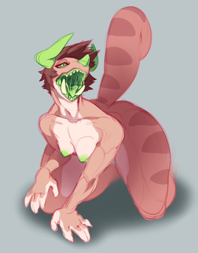 2016 3_horns 5_fingers all_fours anthro arm_support biped breasts brown_hair brown_markings brown_skin brown_stripes brown_tail chameleon chimereon clair_(seel_kaiser) collarbone countershade_legs countershade_torso countershading curled_tail curved_horn digital_drawing_(artwork) digital_media_(artwork) eye_markings female front_view full-length_portrait gaping_mouth green_eyes green_horn green_nipples green_tongue grey_background guide_lines hair half-closed_eyes hanging_breasts horn humanoid_hands jackson's_chameleon lizard markings medium_breasts multi_horn multicolored_skin nipples non-mammal_breasts nude open_mouth portrait reptile saliva saliva_string scalie seel_kaiser shadow sharp_teeth short_hair simple_background slit_pupils solo striped_skin striped_tail stripes tan_countershading tan_skin teeth tusks two_tone_skin wide_hips