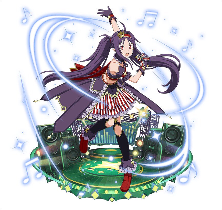 :d arm_strap arm_up black_legwear crown detached_collar floating_hair full_body gloves hairband holding holding_microphone layered_skirt leg_up long_hair looking_at_viewer microphone mini_crown official_art open_mouth purple_gloves purple_hair red_eyes red_footwear red_hairband simple_background skirt smile solo stomach striped sword_art_online sword_art_online:_code_register twintails vertical-striped_skirt vertical_stripes very_long_hair white_background yuuki_(sao)