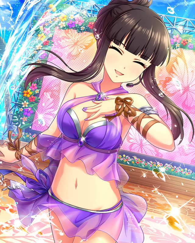 alternate_hairstyle artist_request bangs bare_shoulders black_hair blue_sky blunt_bangs breasts cleavage closed_eyes collarbone day flower hand_on_own_chest headset idolmaster idolmaster_cinderella_girls kurokawa_chiaki long_hair looking_at_viewer medium_breasts midriff nail_polish navel official_art open_mouth outdoors purple_nails ribbon sky smile solo stage tied_hair water