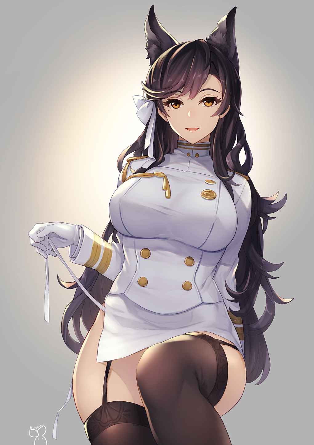 :d aiguillette animal_ears arm_at_side atago_(azur_lane) azur_lane bangs black_hair black_legwear breasts brown_eyes brown_footwear buttons commentary_request cowboy_shot epaulettes eyebrows_visible_through_hair eyelashes garter_straps gloves gradient gradient_background hair_ornament hair_ribbon half-closed_eyes hand_up hazuki_gean highres large_breasts legs_together long_hair long_sleeves looking_at_viewer military military_uniform miniskirt mole mole_under_eye open_mouth panties pencil_skirt pulled_by_self ribbon side-tie_panties side_slit signature simple_background sitting skindentation skirt smile solo strap_pull swept_bangs tareme thighhighs turtleneck underwear uniform untied untied_panties very_long_hair white_gloves white_ribbon white_skirt wide_hips yellow_eyes