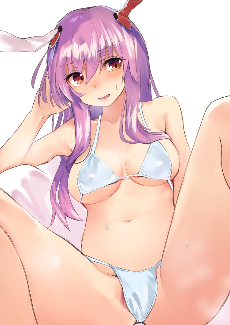 :d animal_ears asuzemu bangs bare_arms bare_shoulders bikini blush breasts brown_eyes bunny_ears commentary_request eyebrows_visible_through_hair foreshortening hairband hand_in_hair hand_up long_hair looking_at_viewer medium_breasts micro_bikini navel nose_blush open_mouth purple_hair reisen_udongein_inaba shiny shiny_hair sidelocks simple_background sitting smile solo stomach sweat swimsuit thighs touhou underboob white_background white_bikini