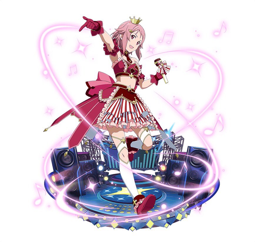 :d arm_strap crop_top crown full_body gloves hair_ornament hairclip holding holding_microphone index_finger_raised layered_skirt leg_up lisbeth looking_at_viewer microphone midriff mini_crown musical_note navel necktie official_art open_mouth outstretched_arm pink_eyes pink_hair red_footwear red_gloves red_neckwear short_hair_with_long_locks short_necktie sidelocks simple_background skirt smile solo standing standing_on_one_leg stomach strapless striped sword_art_online sword_art_online:_code_register thighhighs vertical-striped_skirt vertical_stripes white_background white_legwear