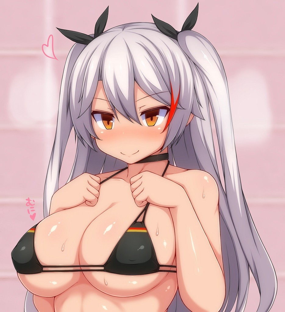 azur_lane bangs bare_arms bare_shoulders bikini bikini_top black_bikini black_bikini_top black_choker black_neckwear black_ribbon blush breasts choker cleavage clenched_hands closed_mouth collarbone commentary_request eyebrows_visible_through_hair flag_print german_flag_bikini hair_between_eyes hair_ribbon hands_up heart jewelry large_breasts long_hair looking_at_viewer multicolored_hair nose_blush prinz_eugen_(azur_lane) red_eyes red_hair ribbon shiny shiny_skin silver_hair smile solo strap_gap streaked_hair sweat swimsuit two_side_up underboob upper_body very_long_hair zack_(haiuinndo)