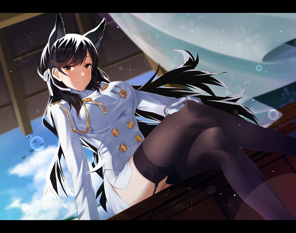 animal_ears atago_(azur_lane) azur_lane black_legwear blue_sky blurry blush breasts brown_eyes brown_hair buttons closed_mouth crossed_legs day depth_of_field epaulettes extra_ears eyebrows_visible_through_hair feet_out_of_frame garter_straps jacket kagiyama_(gen'ei_no_hasha) large_breasts lens_flare letterboxed long_hair long_sleeves looking_at_viewer md5_mismatch military_jacket miniskirt mole mole_under_eye pencil_skirt sitting skirt sky smile solo thighhighs white_jacket